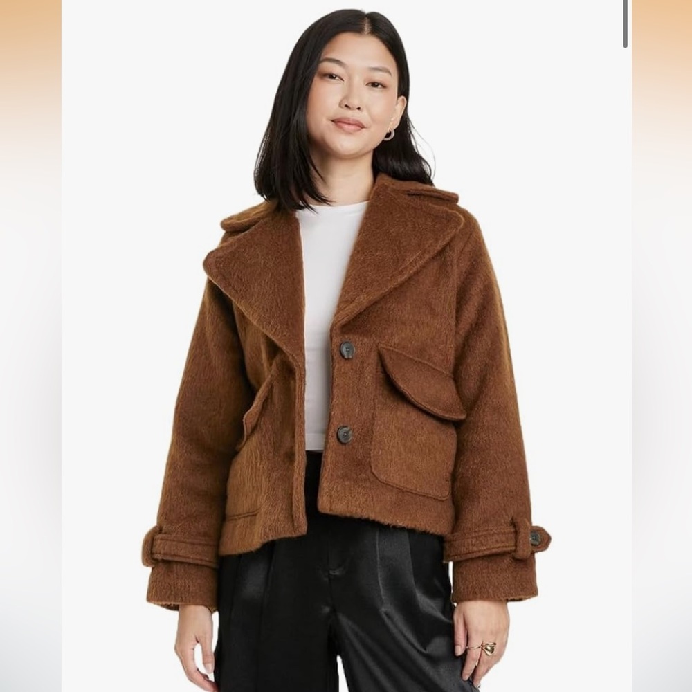 a new day Brown Fuzzy Wool-Blend Peacoat Jacket